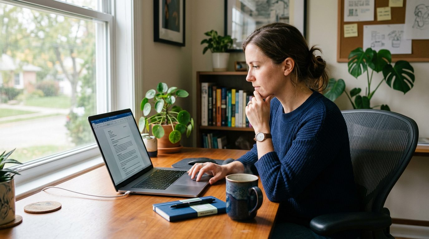 Freelance designer reviewing a tailored draft job application on a laptop